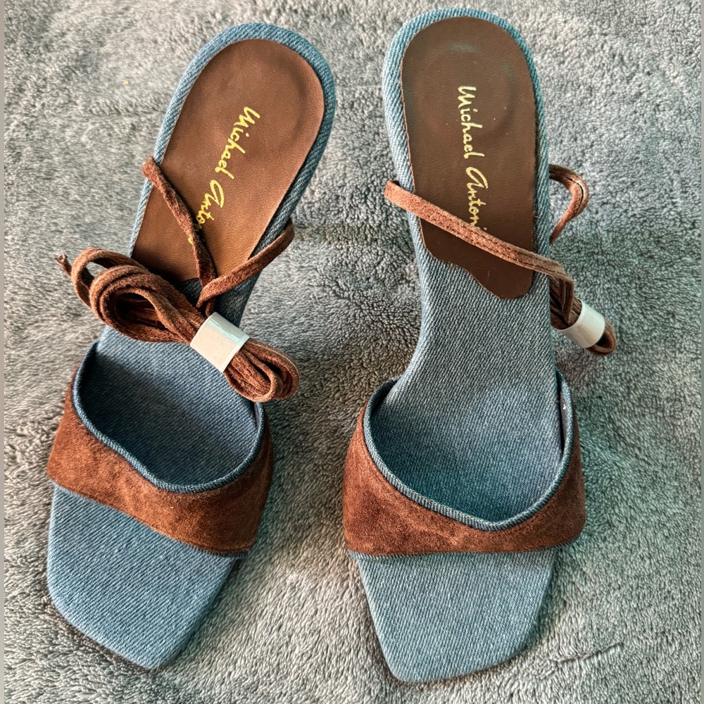 Y2k denim and brown lace up Michael Antonio heels